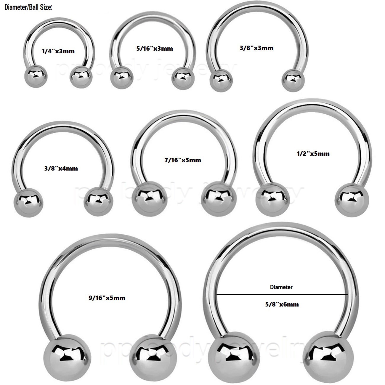 PAIR Surgical Steel Ball Horseshoe Circular Barbell Labret Ear & Septum 20G-00G
