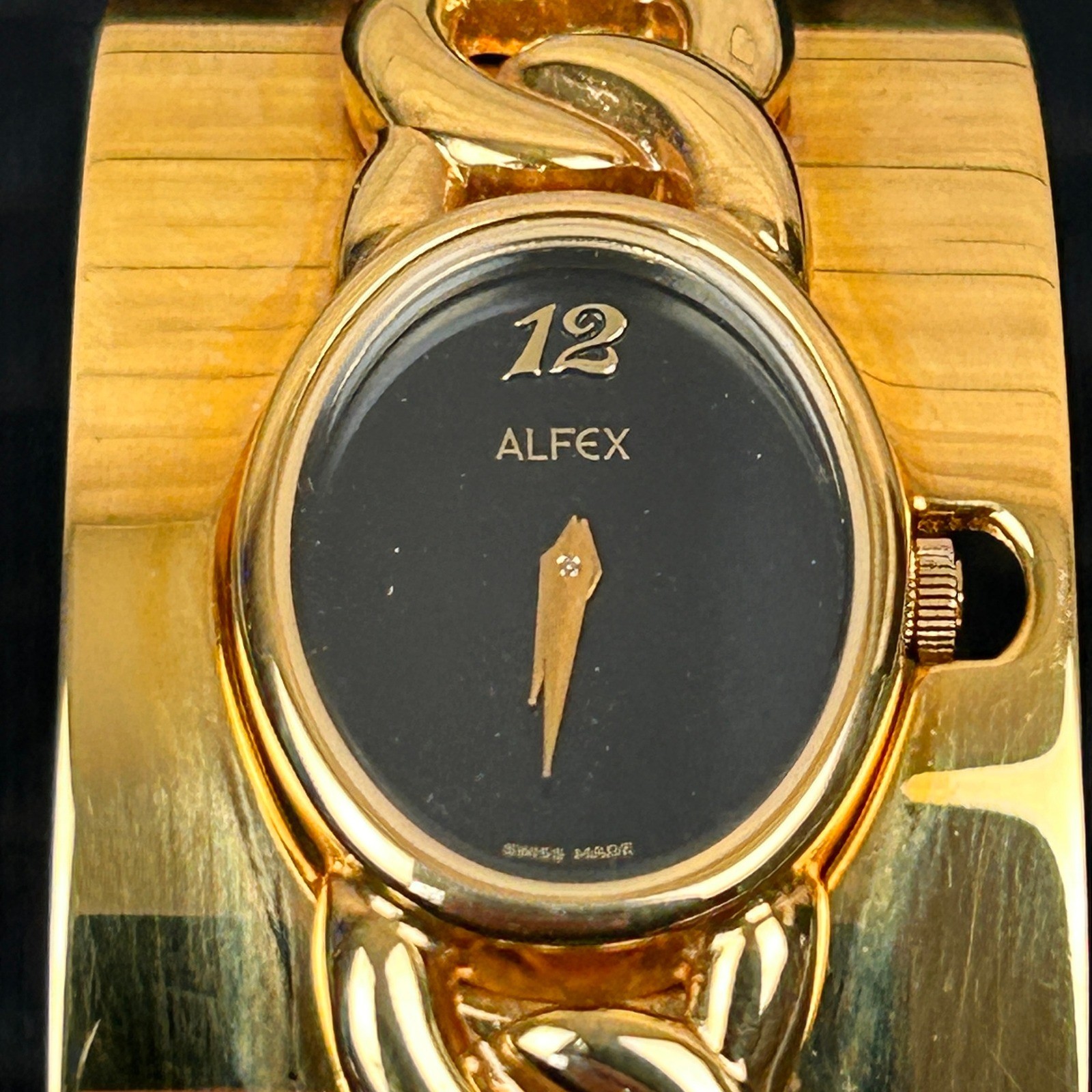 Alfex of Switzerland Vintage 18KT Gold Electroplated Cuff Watch Cuban Link P/R