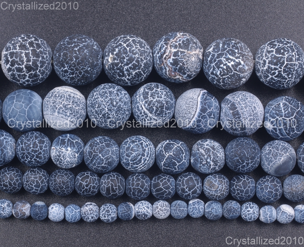 Matte Frosted Black Fire Crackle Agate Gemstones Round Beads 6mm 8mm 10mm 15″