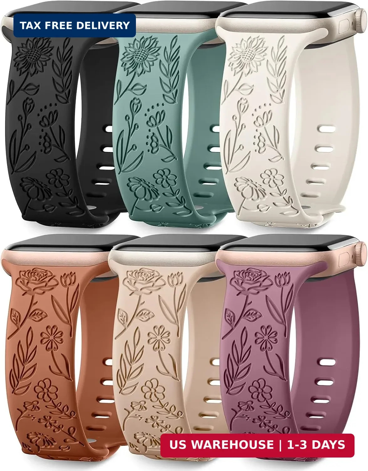 SNBLK 6 Pack Floral Engraved Bands Compatible with Apple Watch Bands 40mm 41mm 4