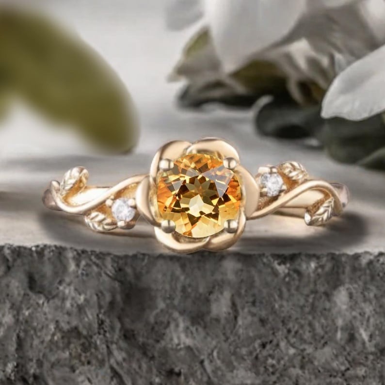 Art Deco Natural Citrine Gold Plated on Silver Engagement & Wedding Ring For Her