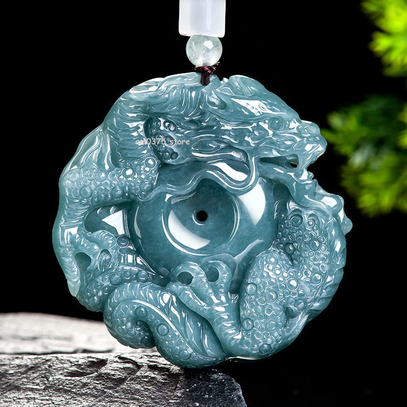 Natural Grade A Jade Jadeite Blue Water Ice Species Circle Zodiac Dragon Pendant