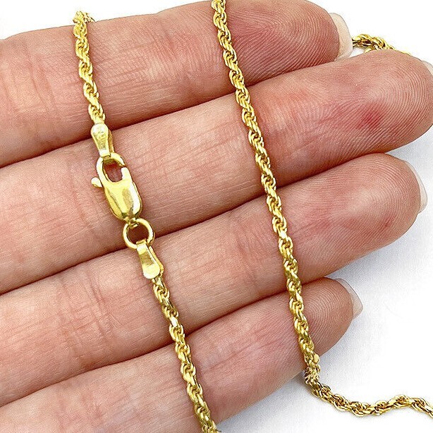Solid 18K Yellow Gold Over Silver 1.7mm Rope Chain Necklace 16″-24″