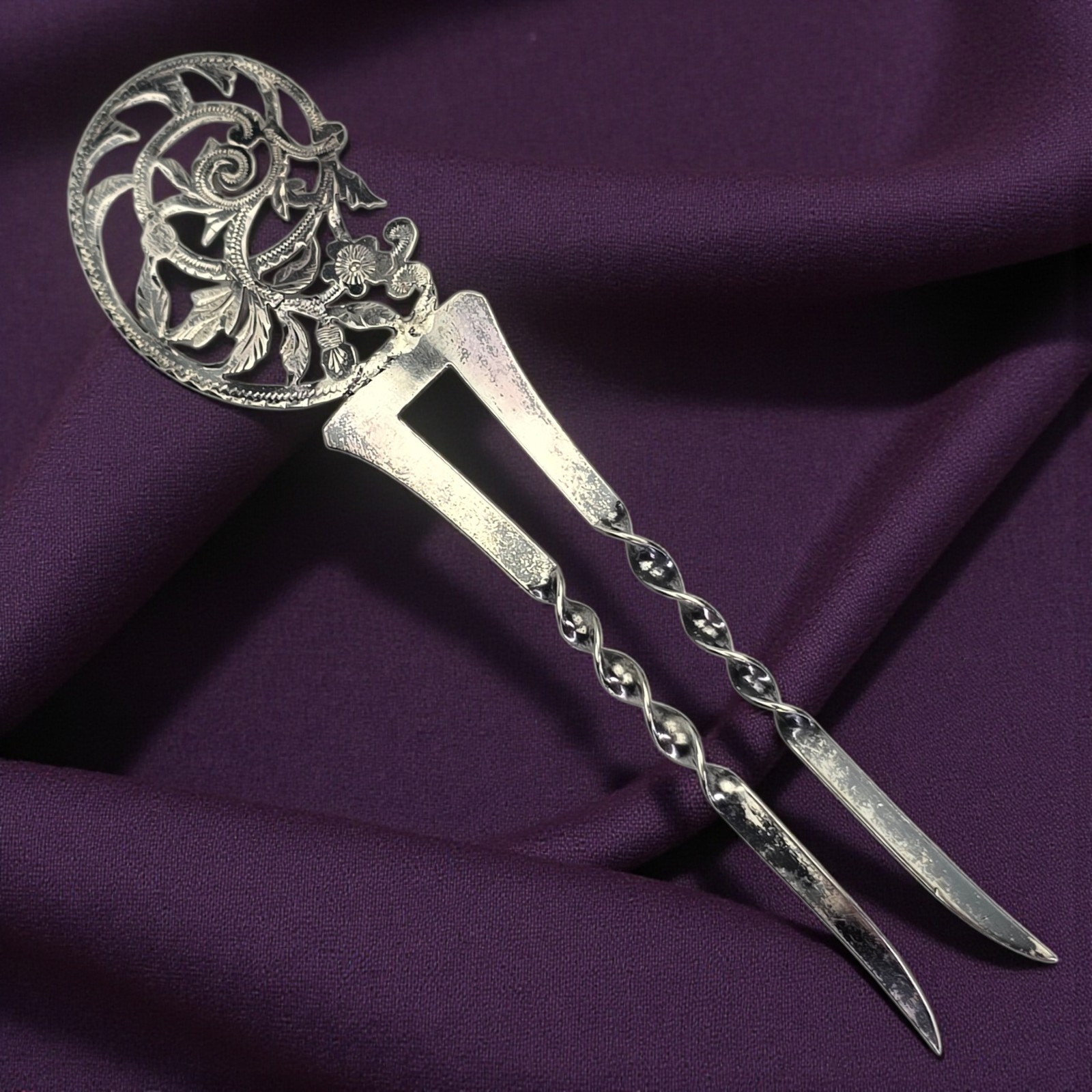 Antique Signed Victorian Art Nouveau Sterling Silver Hair Comb Ornament  