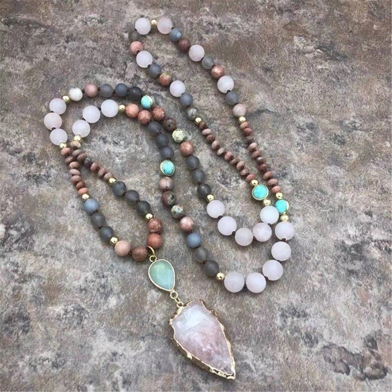 Natural Amazonite Turquoise Stone Rose Quartz Arrow Pendant Knotted Necklace