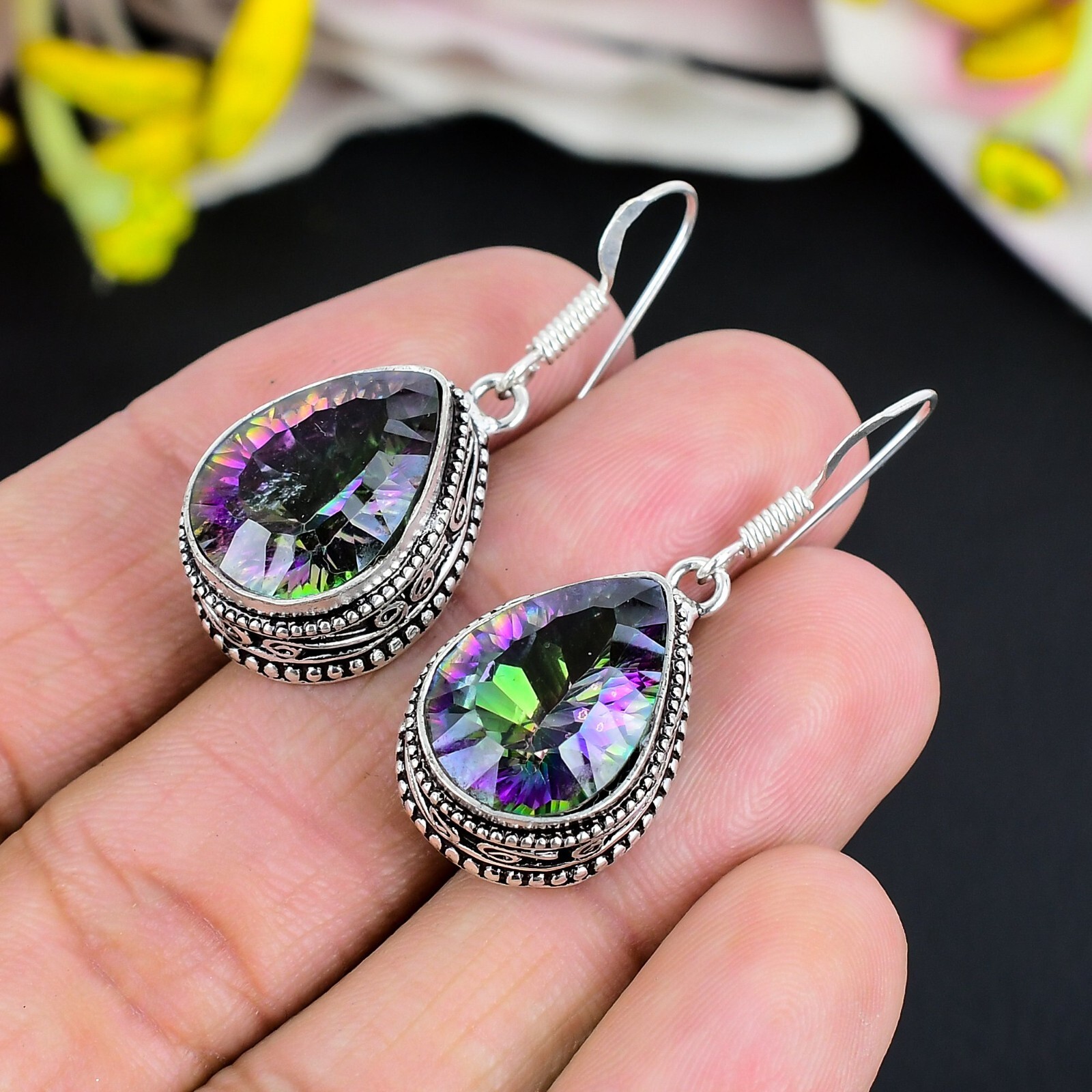 Natural Mystic Topaz Gemstone Earring Handmade 925 Sterling Silver Jewelry