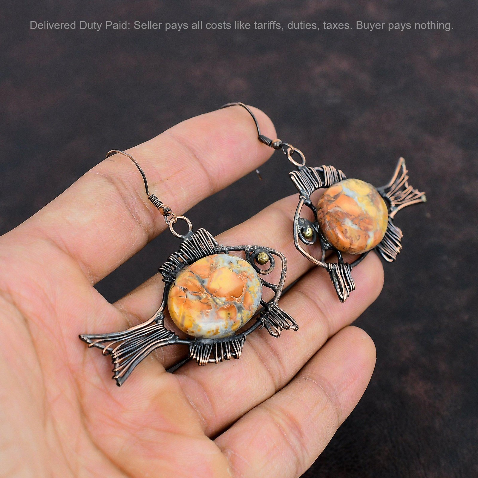 Copper Maligano Jasper Gemstone Ethnic Hook Boho Wire Wrapped Fish Drop Earrings