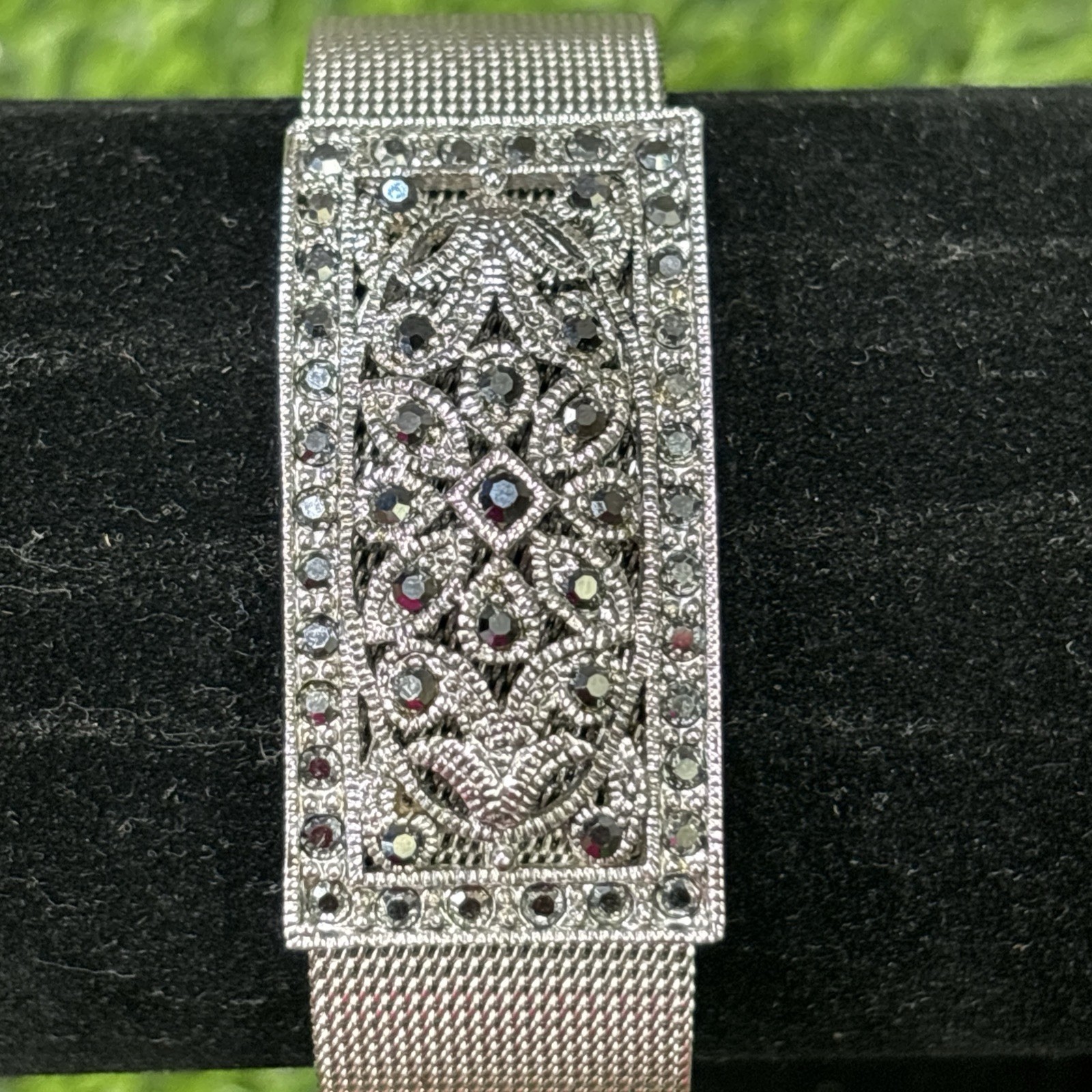 Vintage Art Deco Marcasite Mesh Bracelet Silver Tone Unmarked Rhodium Style