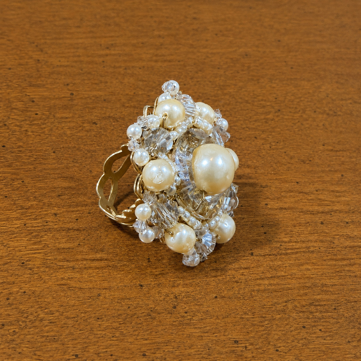 Signed Vintage Miriam Haskell Faux Pearl & Crystal Statement Ring Cocktail Ring