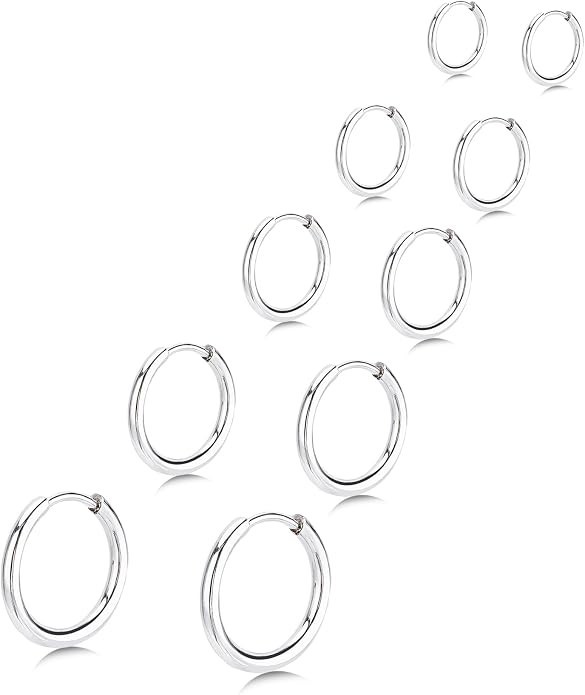 5 Pairs Small Huggie Hoop Earrings for Women, Stainless Steel Silver
