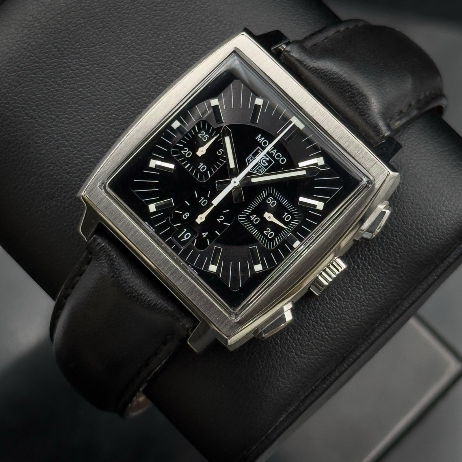 Tag Heuer MONACO Black Dial Chronograph CW2111 Stainless Steel Leather Strap