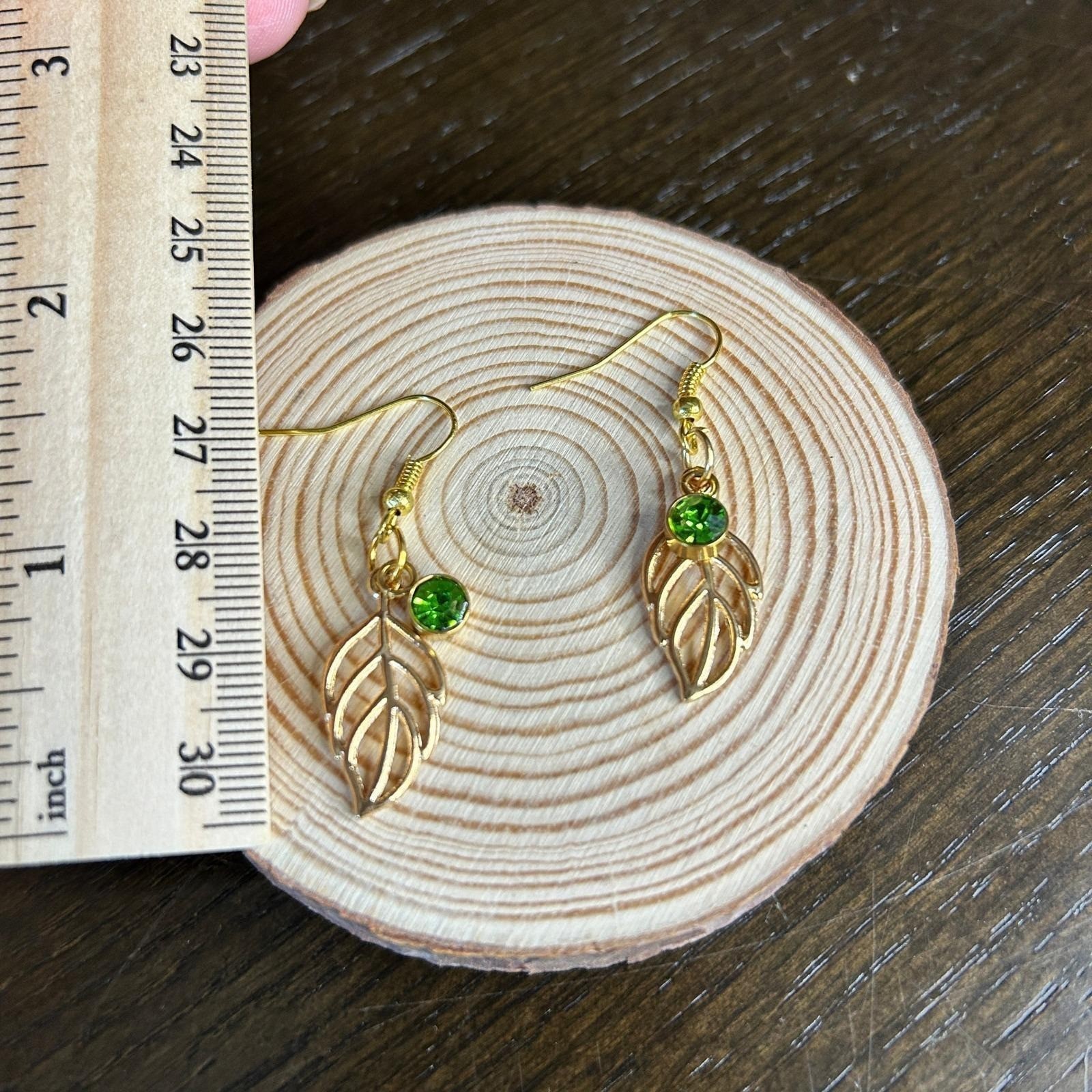 Gold Leaf Dangle Earrings with Green Rhinestone Accent Cute Fashion