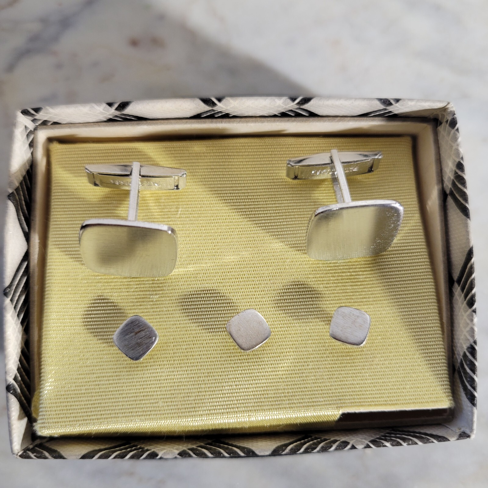 Vintage Silvertone Shiny Brush Matte Square Minimalist Cufflinks And Buttons
