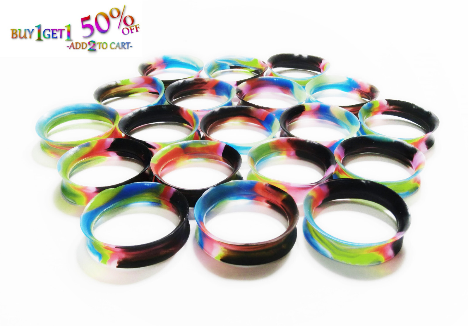 Pair 8g-40mm DARK RAINBOW SILICONE FLESH TUNNELS Double Flare Gauges Thin 2053