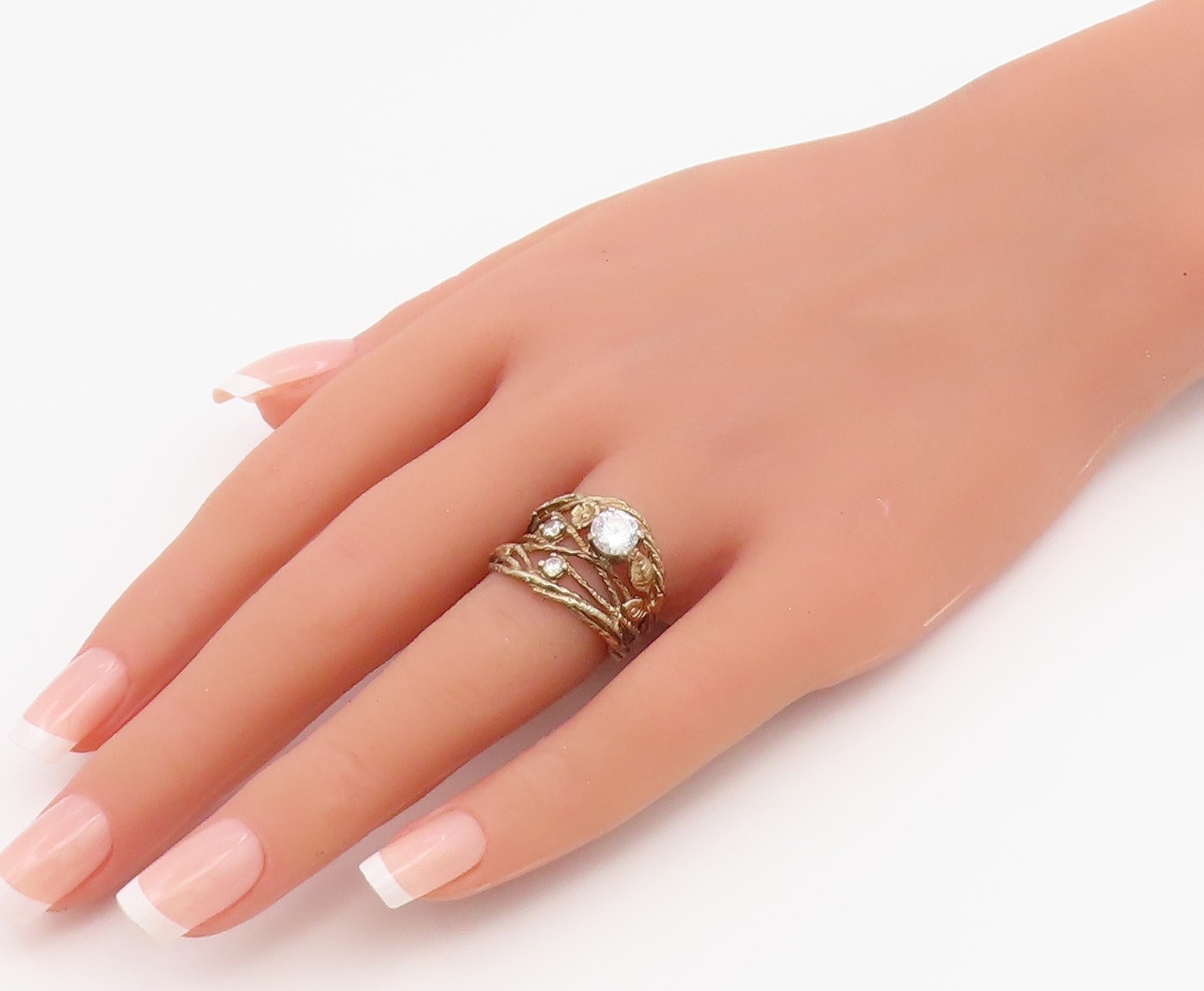 925 Sterling Silver Vintage Ring ISRAEL CZ Vine & Flower Band Sz 7 RG36879