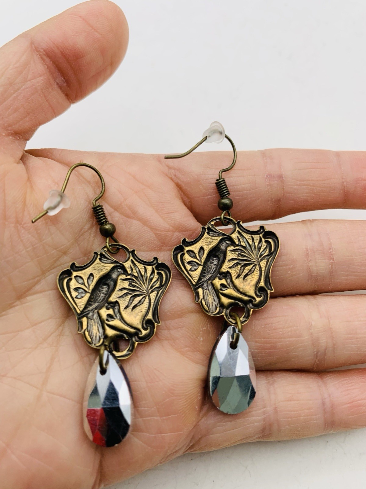 Vintage Style Bronze Art Nouveau Enchanted Bird Rainbow Blue AB Hook Earrings