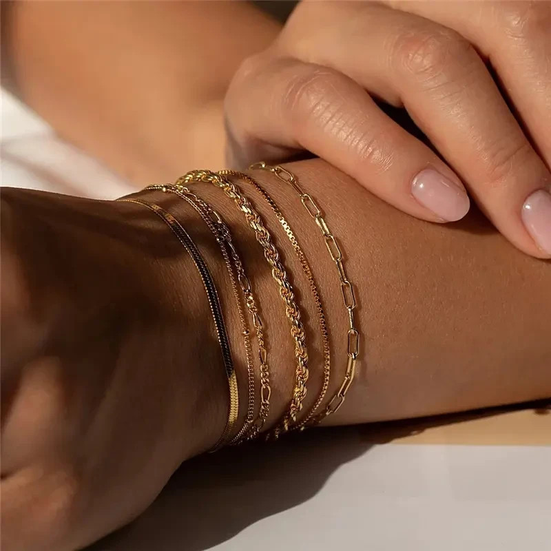 6pcs Gold Plated Boho Bracelet Set for Women – Chain, Bangle & Cuff Jewelry Gift