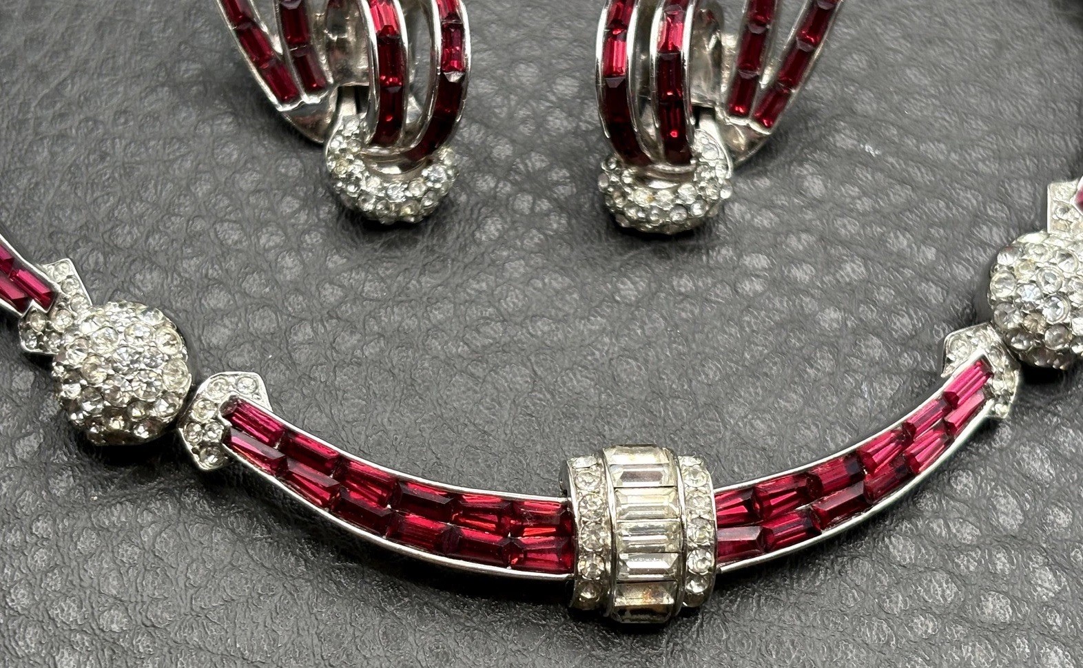 Vintage Boucher 3227 Red Baguette Rhinestone Necklace Clip On Earring Set
