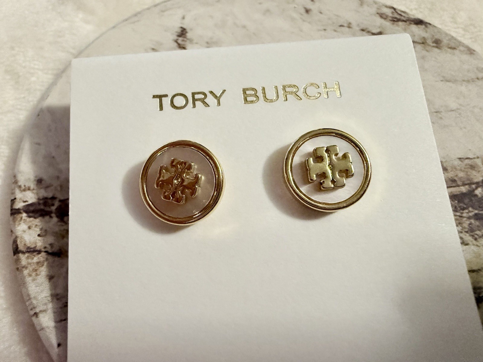 Tory Burch Gold-Tone Mother Of Pearl Earrings with Logo Design