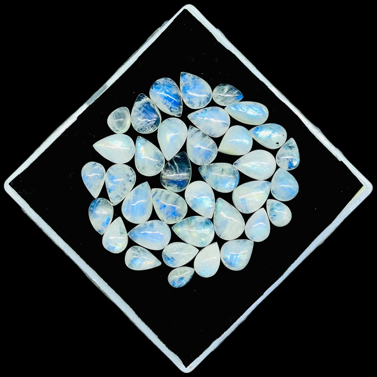 36 Pcs Natural Rainbow Moonstone 10-14mm Pear Blue Flash Cabochon Gemstones Lot