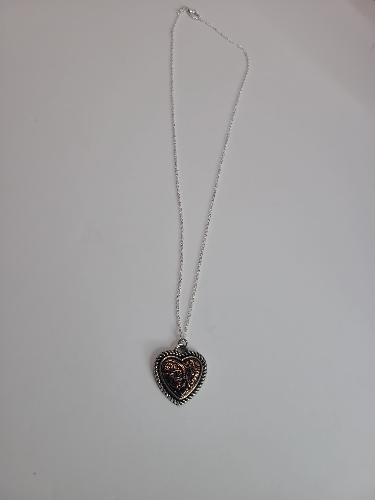 Western Heart Pendant Necklace Silver Tone Copper Floral Scroll Country Jewelry