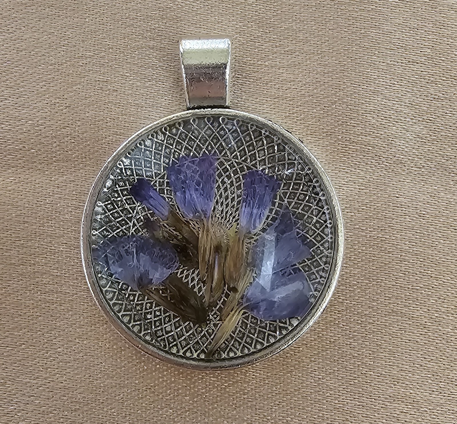 Real Purple Flower Resin Pendant Pressed Botanical on Silver Lattice Filigree