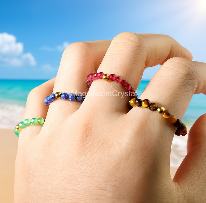 Gemstone Beaded Rings Stackable Natural Crystal Ring Dainty Handmade Jewelry