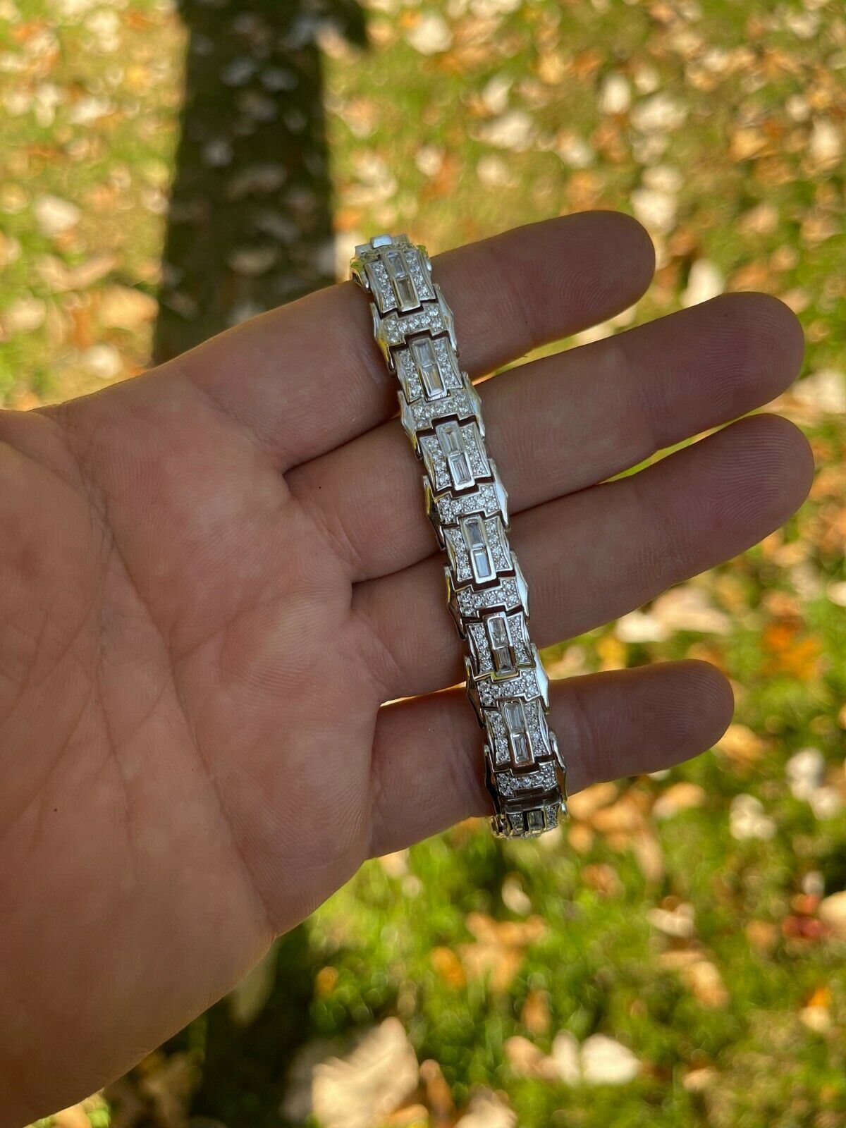 Men’s Real 925 Sterling Silver Iced Baguette Hip Hop Bust Down CZ Bracelet