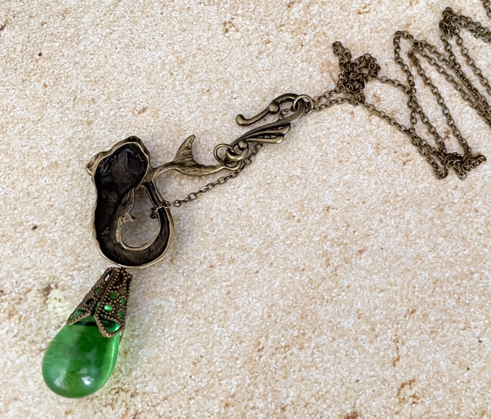 Mermaid Necklace Art Nouveau Siren Lariat Pendant W/ Antique Green Czech Glass