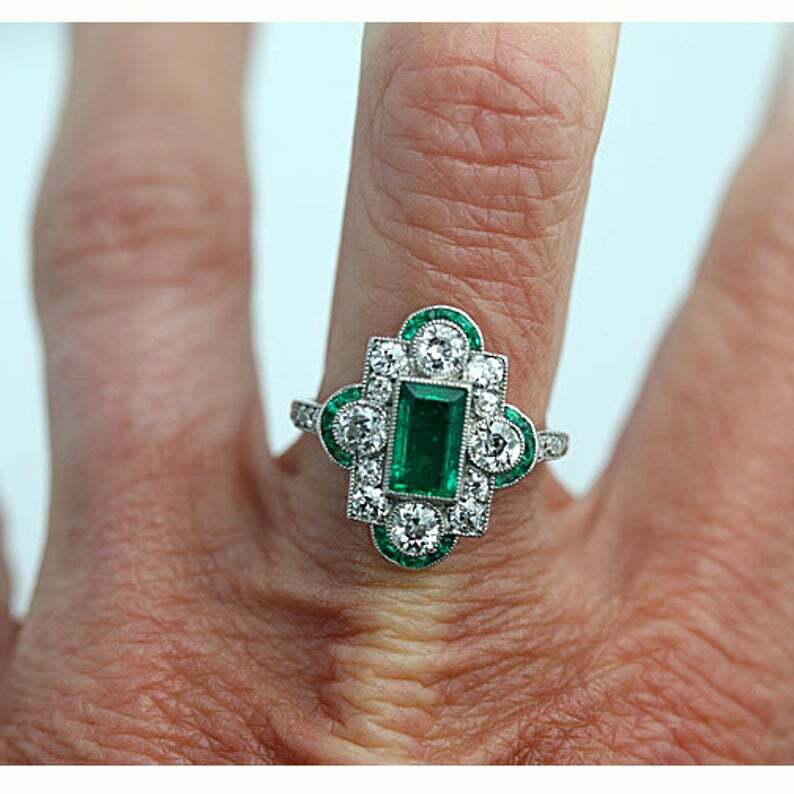 Lab-Created Intense Green Bezel Set Emerald & Old White CZ Art Deco Vintage Ring