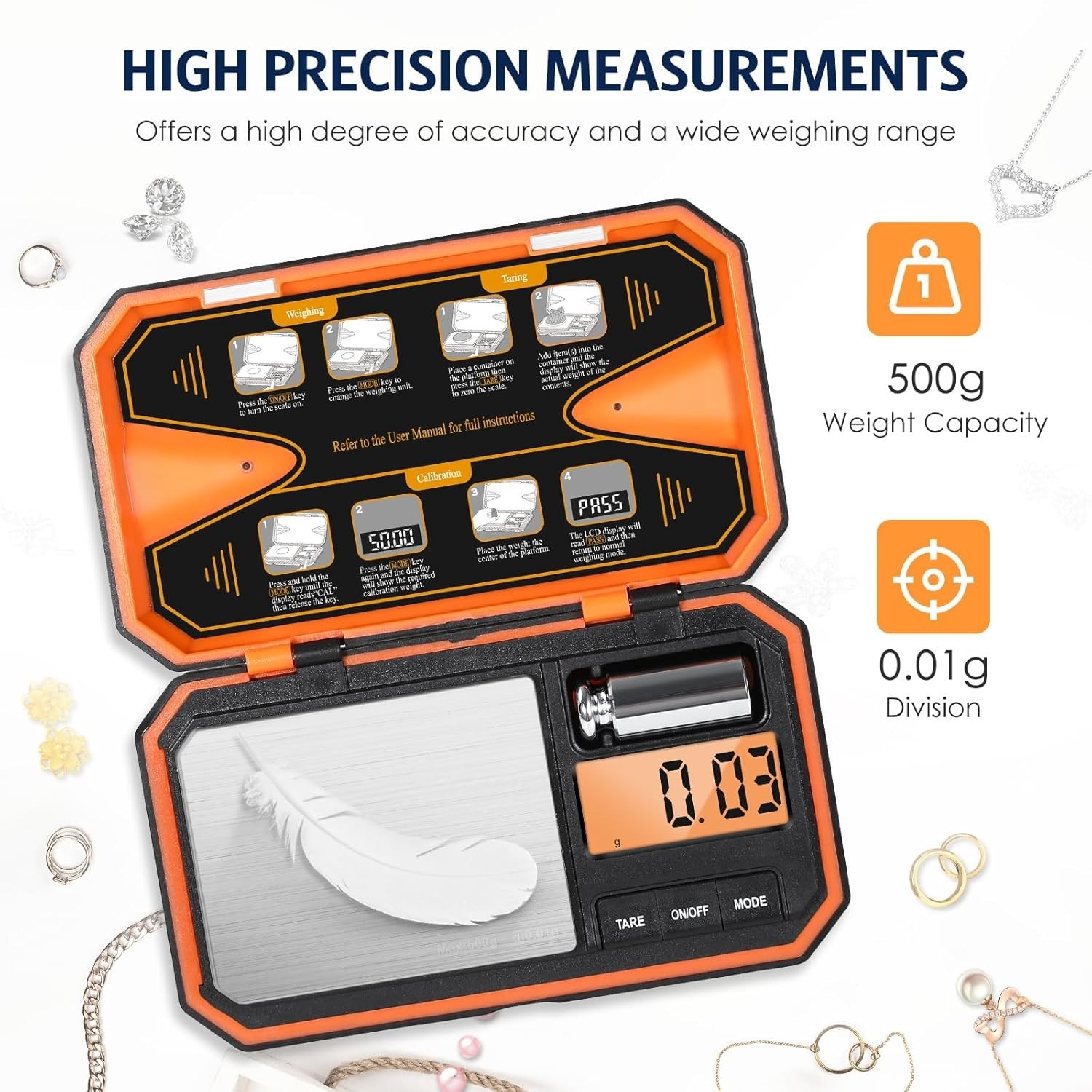 Compact 500g x 0.01g Digital Scale with Tare Function for Jewelry & Cooking