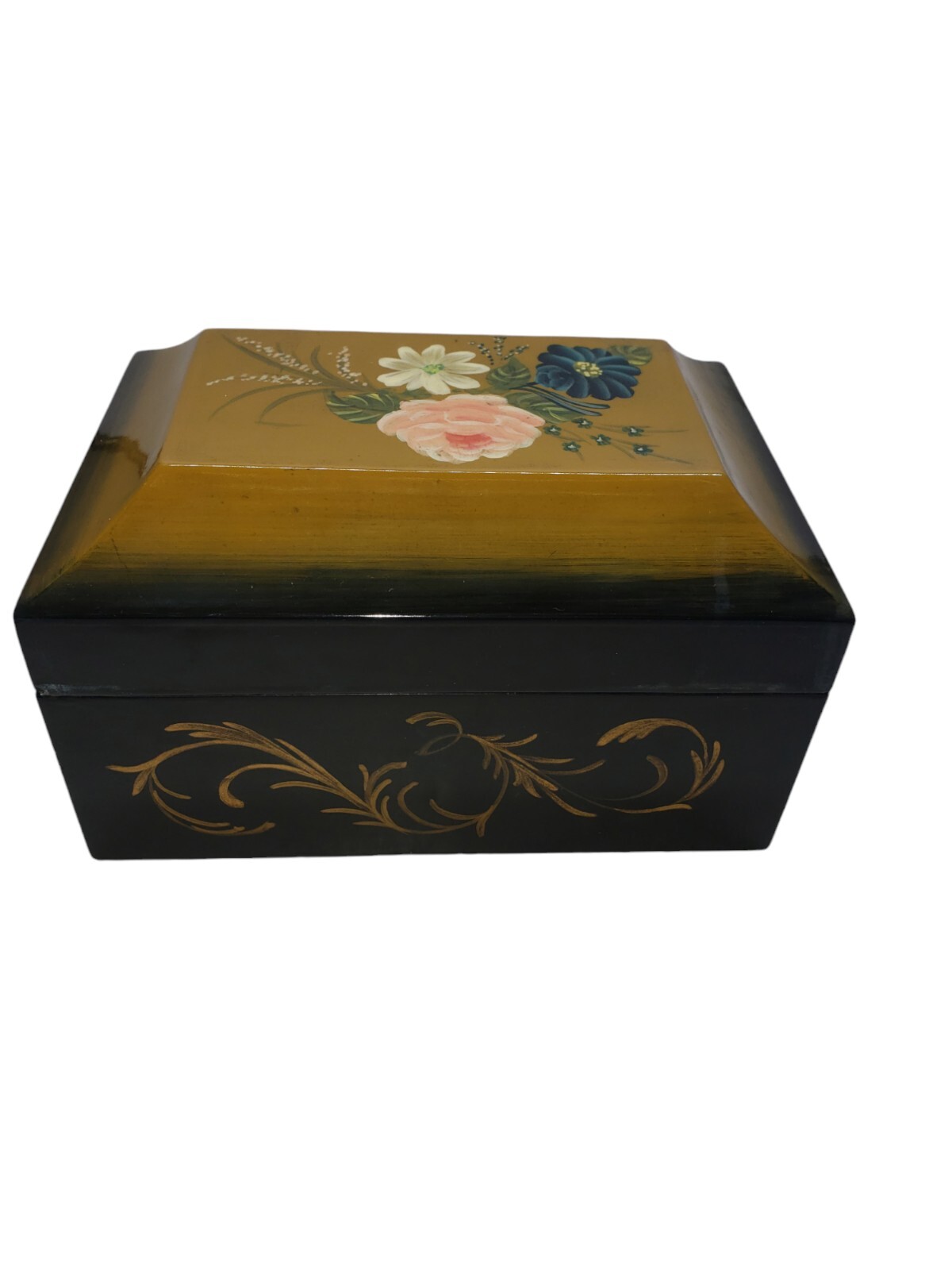 Vintage Hand Painted Wooden Jewelry Keepsake Box Floral Folk Art Black