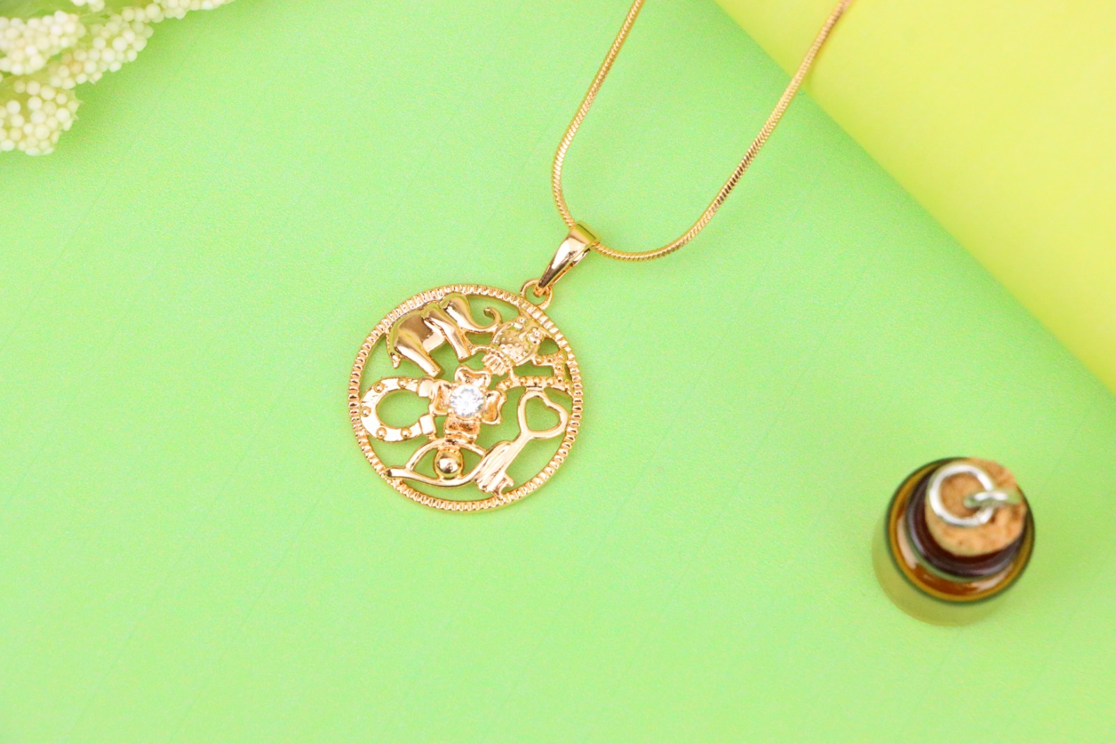 Round Rose Gold Pendant with Religious Motifs and Center Stone, XPPT1442