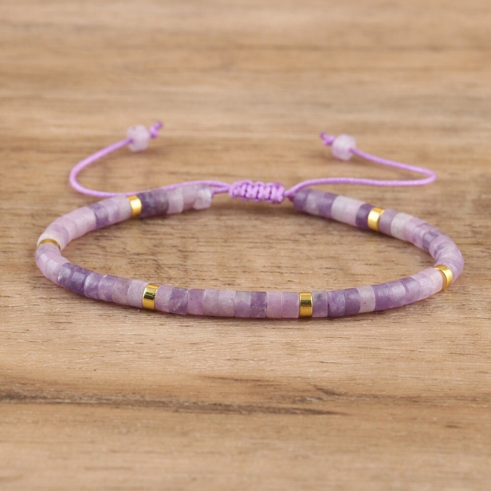 Hand Made Dainty Lepidolite Bracelet With Heishi Beads And Adjustable Drawstring