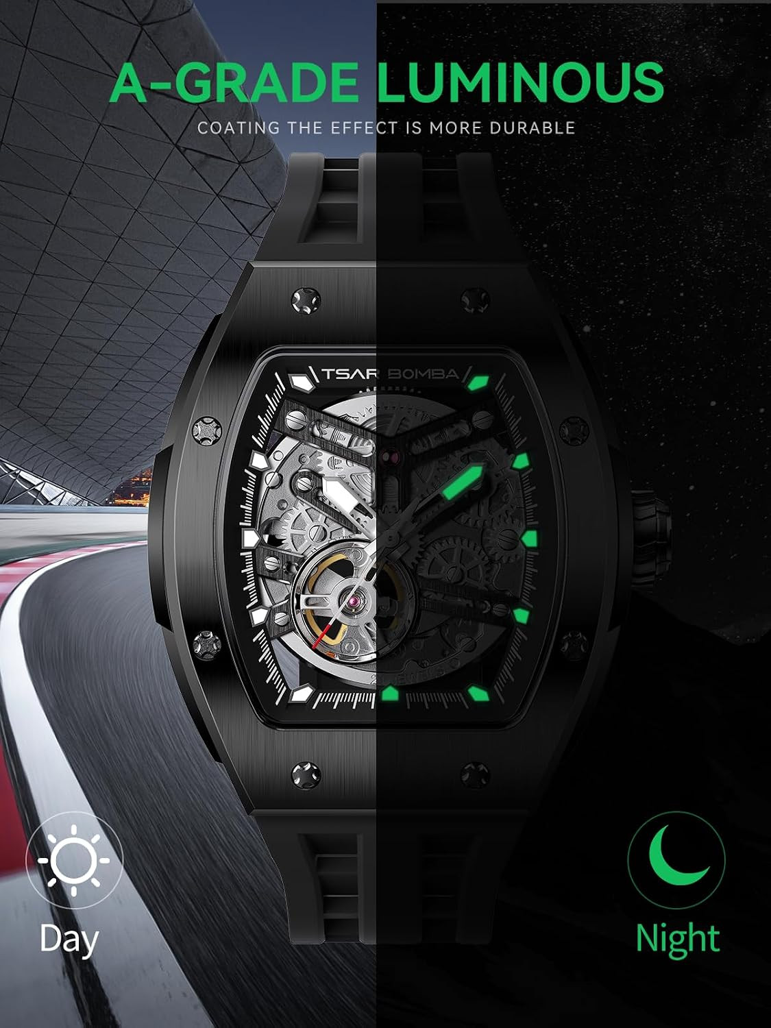 Luxury Skeleton Automatic Men’s Watch – 50M Waterproof Tonneau Dial