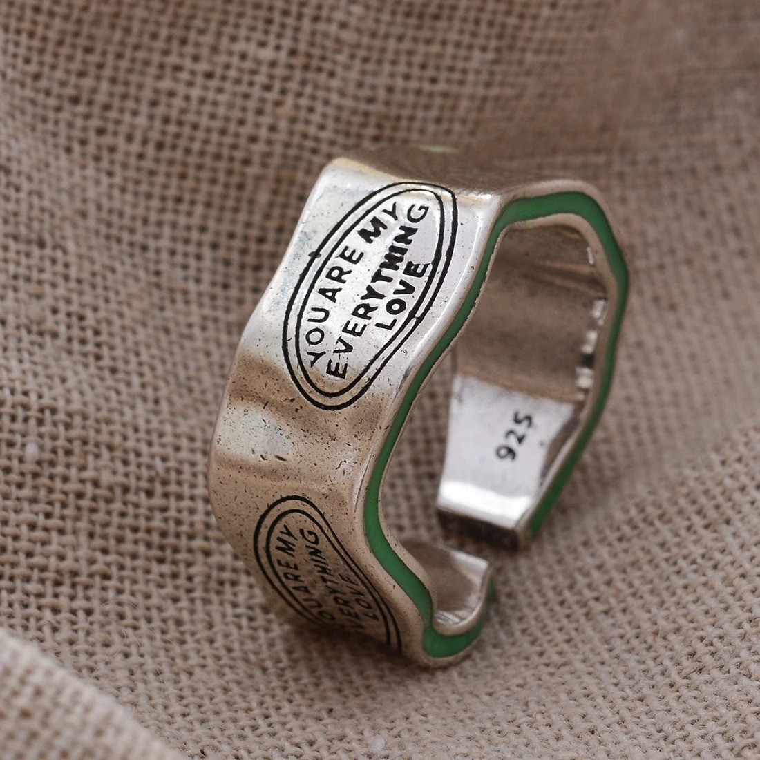 Retro Green Stripe Adjustable Ring Boho Letter Carved Women’s Jewelry