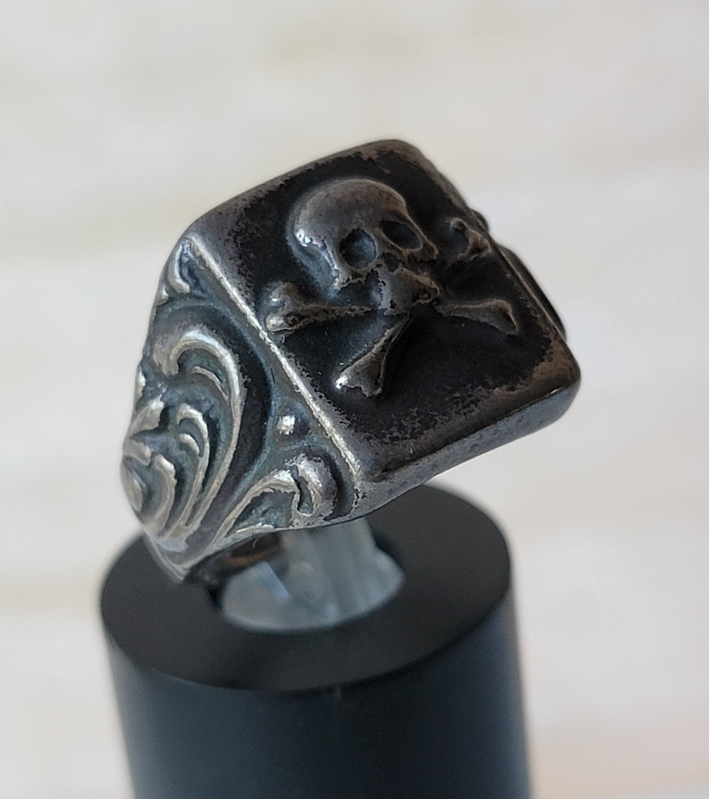 Antique Rare Memento Mori Silver Ring Skull & Bones