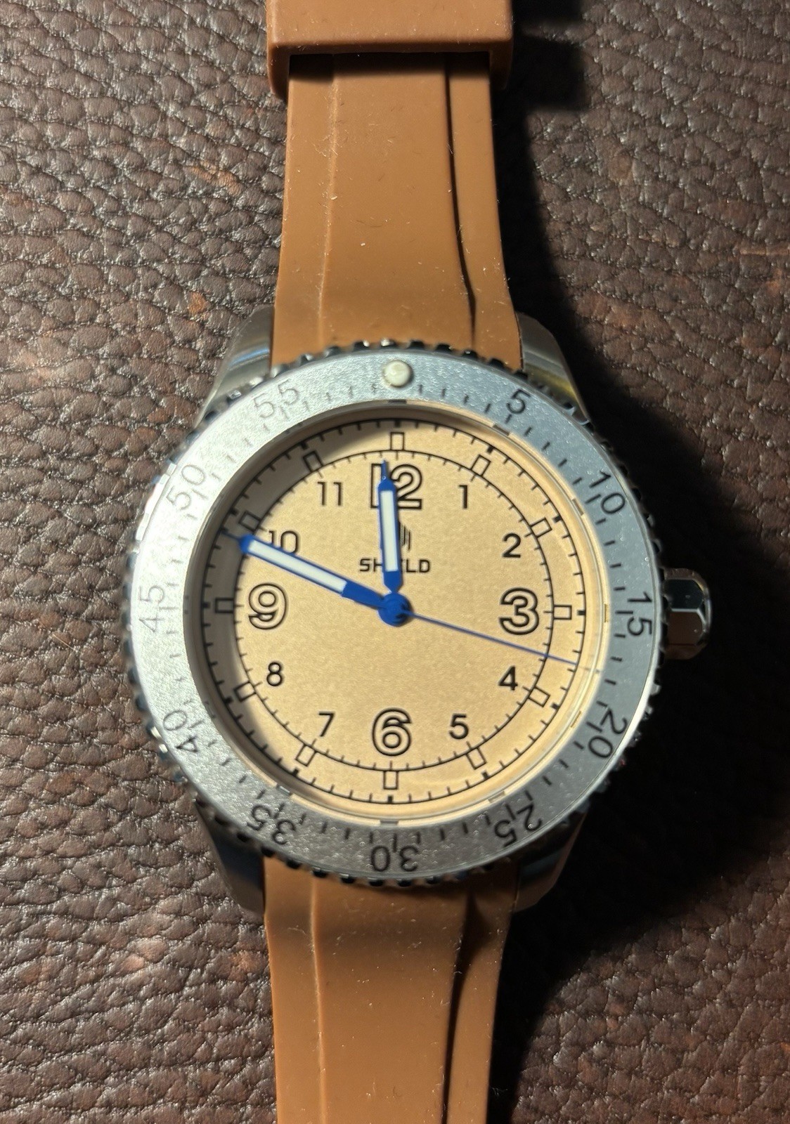 SHIELD Analog Japan Movement 200m Beige Dial Brown Silicone Strap w/Box