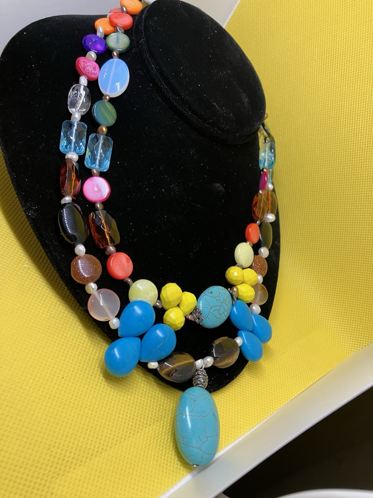 Lovely Faux Turquoise & Semi-Precious Colorful Gemstones Multi-Strand Necklace