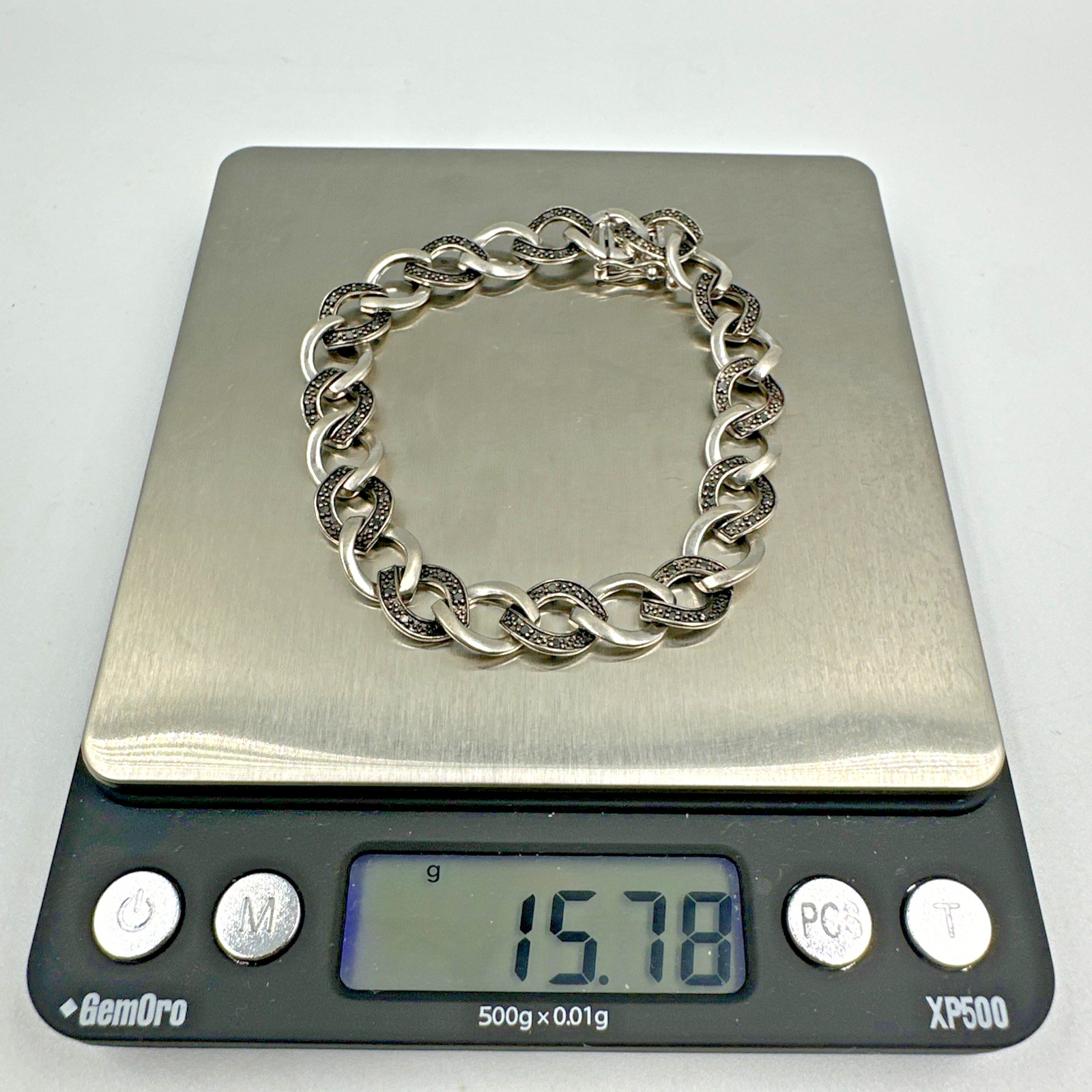 Vtg Alternating Sterling Silver & Marcasite Link Bracelet ~7” 15.7g 9mm Box Lock