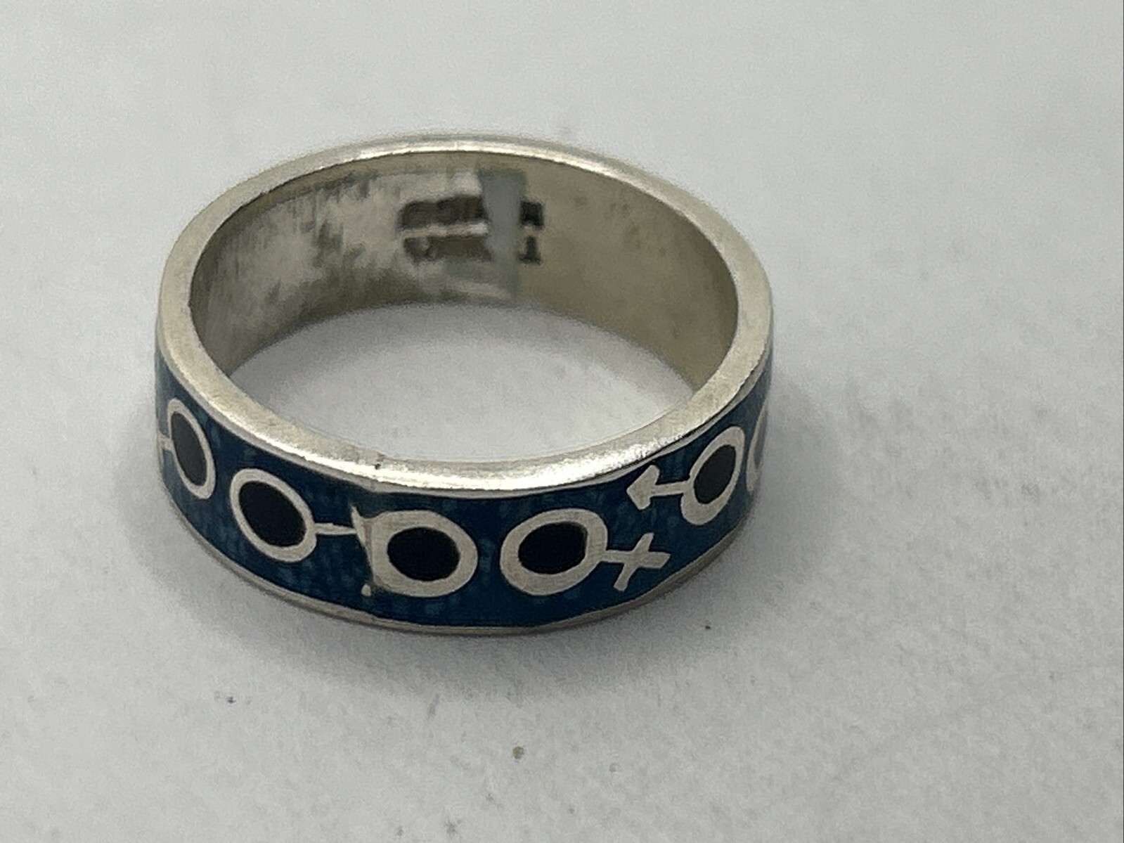 925 Sterling Silver male female ring black and blue enamel size 7.5, Mexico
