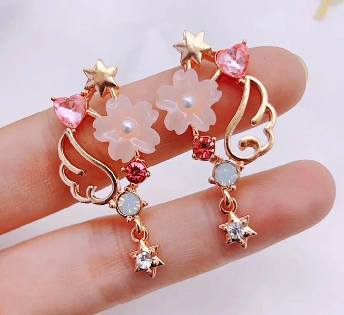 Gold Tone Flower Dangle Drop Earrings Pink Heart Crystal Faux Pearl Stud