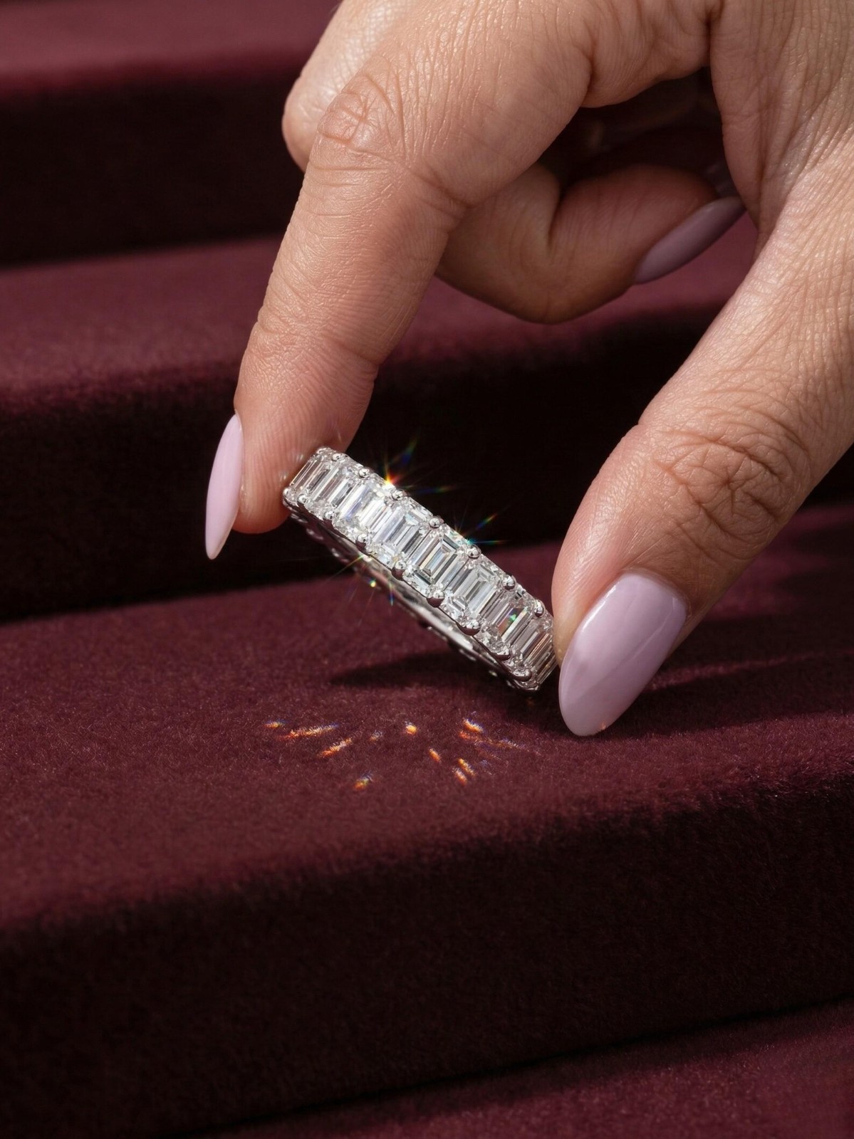 3C Emerald Cut Lab Created Full Eternity Wedding Band Ring 14k White Gold Plated