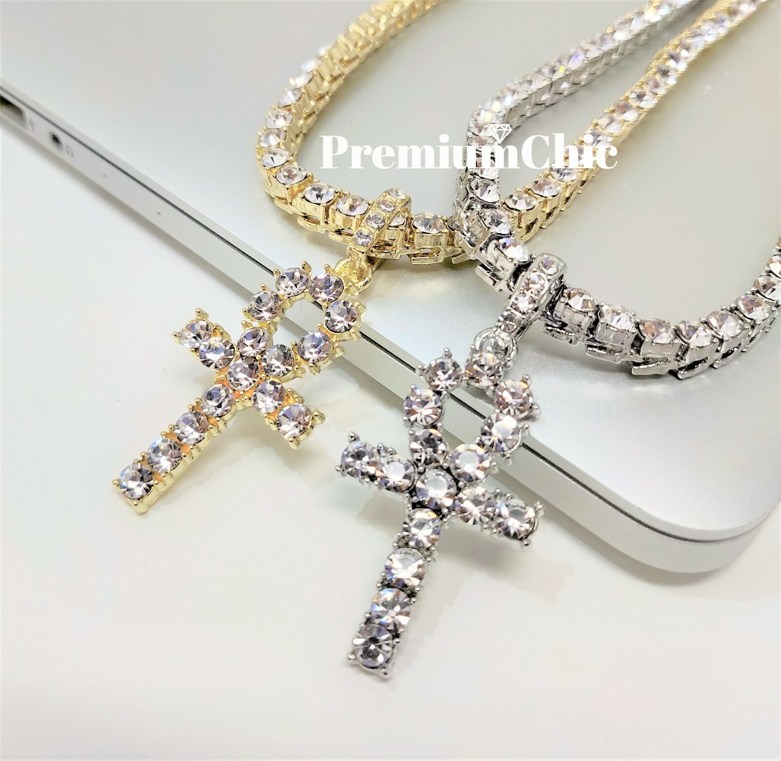 3pc, ANKH Pendant, Tennis Necklace, Miami Cuban Choker Plated CZ Jewelry SET