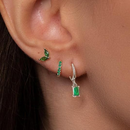 3Pairs Earrings Set for Women Silver Moon Star CZ Butterfly Green Dainty Studs