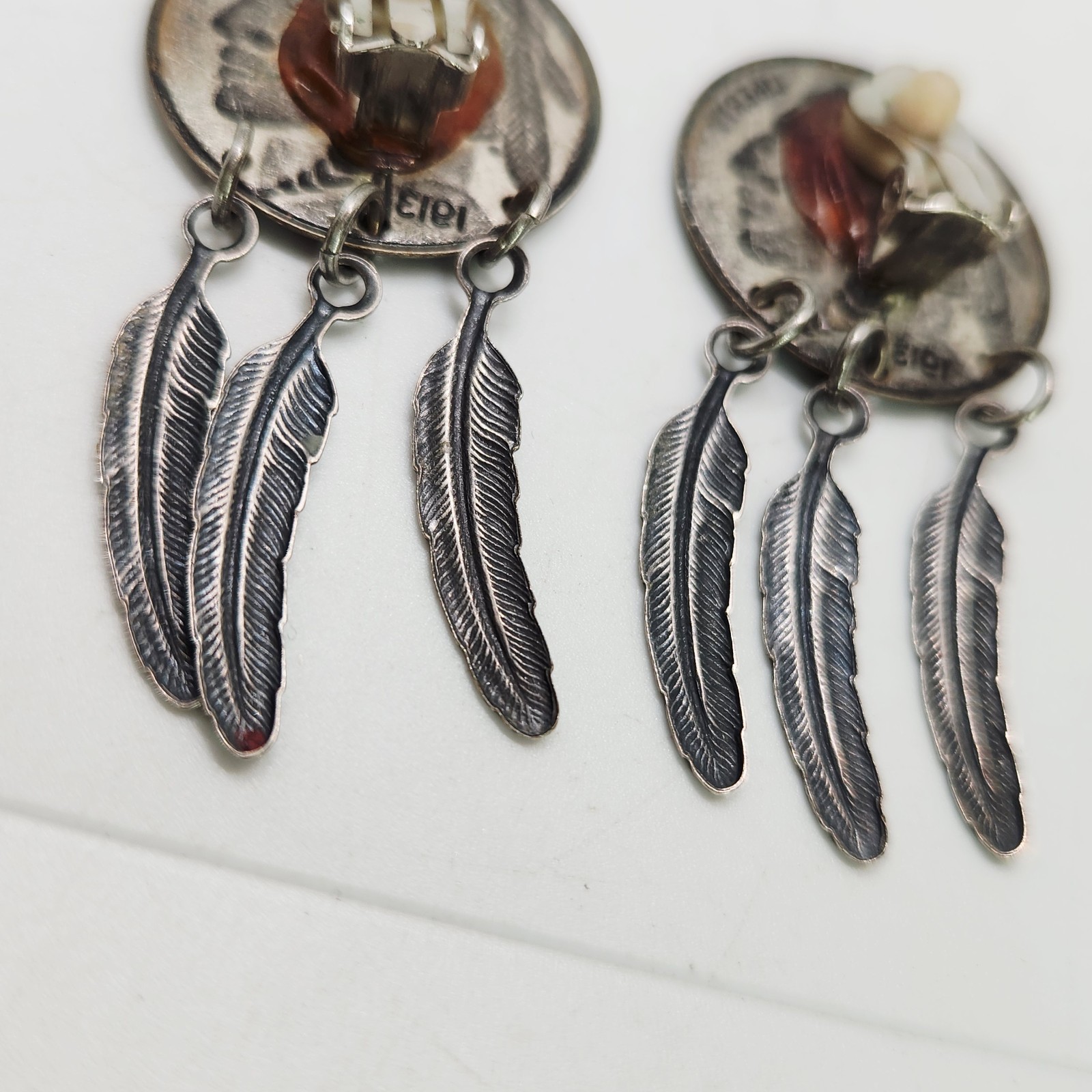 VTG Buffalo Nickle Indian Head 925 Sterling Silver Feather Dangle Coin Earrings