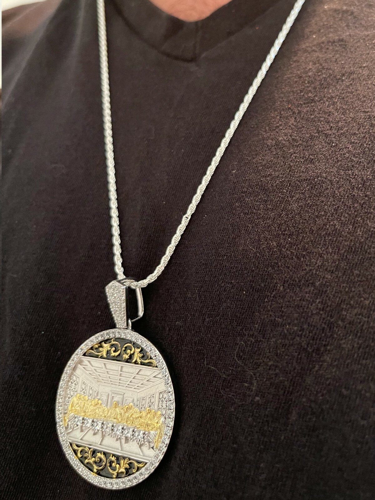 Solid 925 Silver / Gold Plated Jesus Last Supper Coin Medallion Pendant Italy CZ