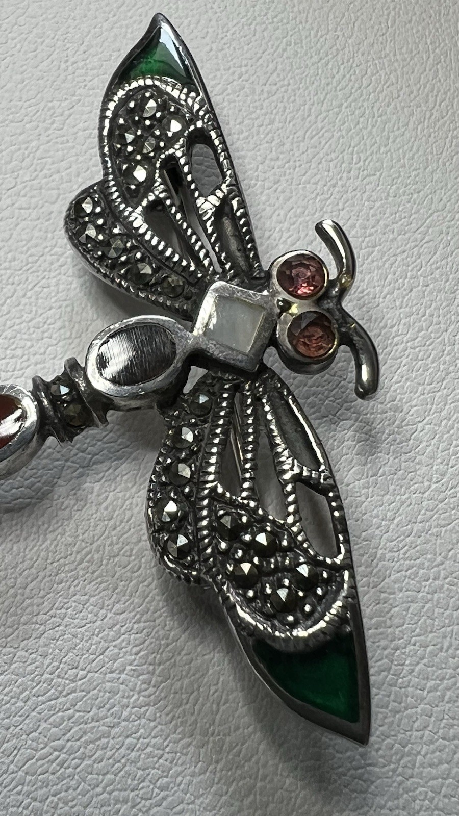 925 Silver Dragonfly Brooch Pin Enamel and Natural Stones Marcasite, 2.5 in