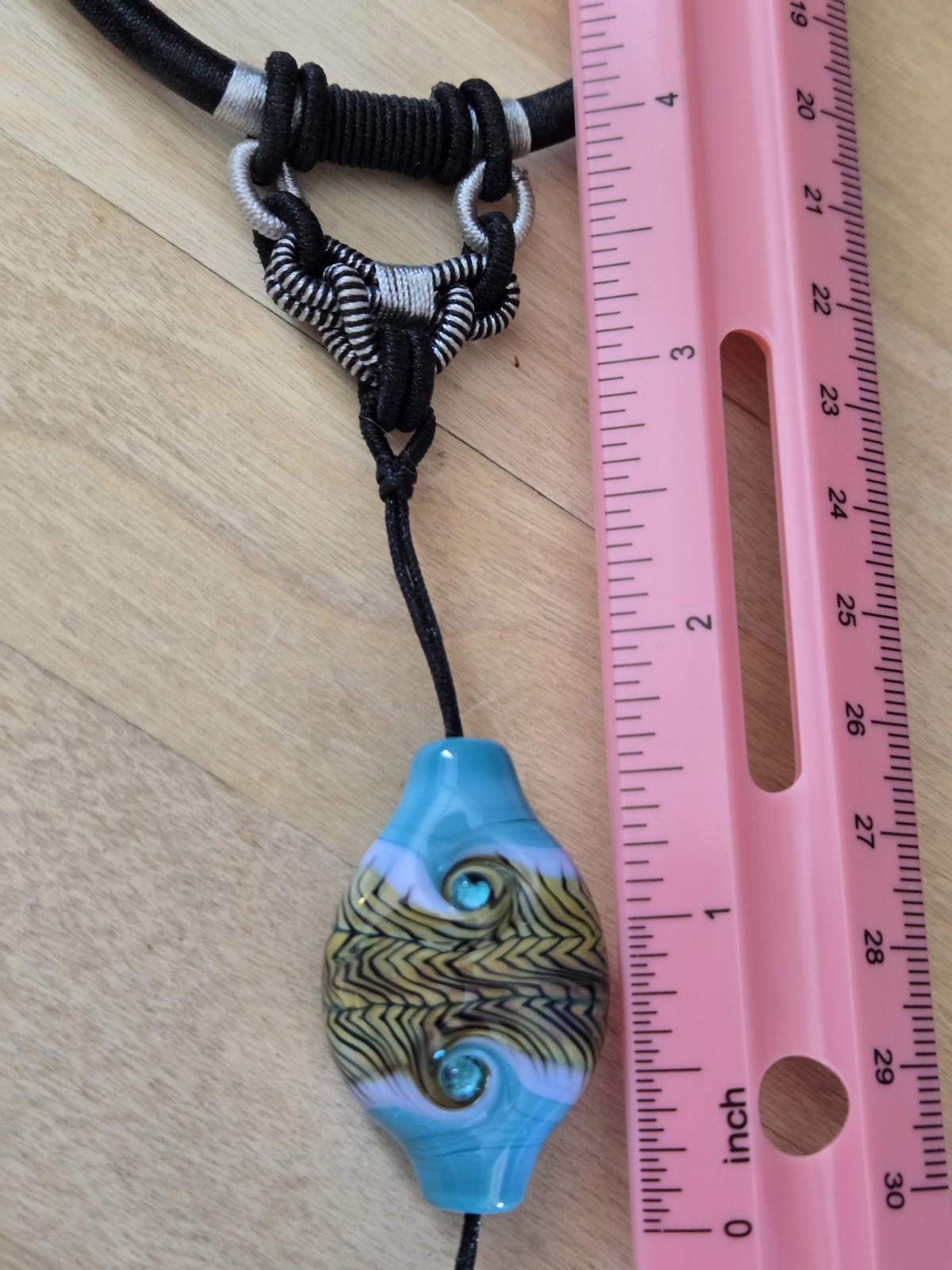 Art Glass Bead Necklace On Silver Wrapped Black Cord Boho Unique