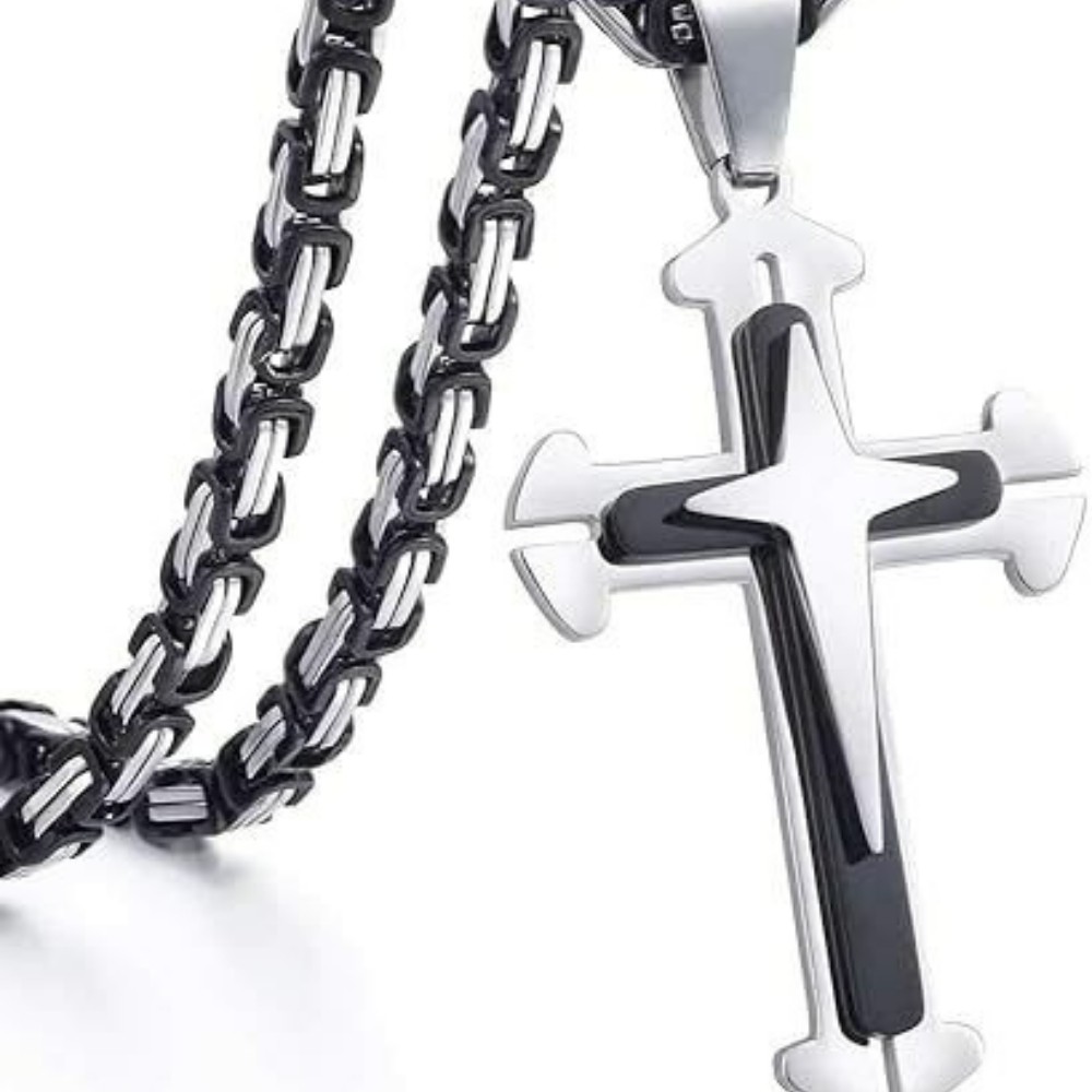 Men’s Heavy Solid Christian Cross Pendant Necklace Three Layer Stainless Steel
